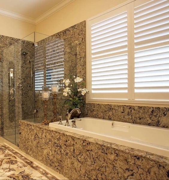 tub and shower after with Cambria Quartz photo by Leslie