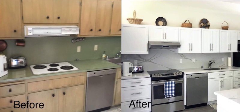 Photo of Kitchen before and after remodel with KraftMaid cabinets