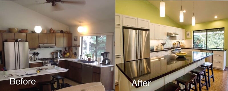 side by side - Before and after kitchen remodel with cork floors Leslie Kate photo