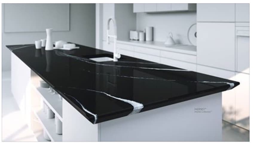 Cambria Mersey black and white counter top on white cabinet