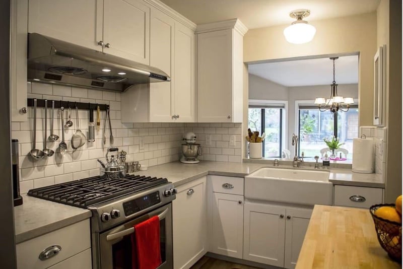 Modern Farmhouse kitchen with Caesar Stone and butcher block counters