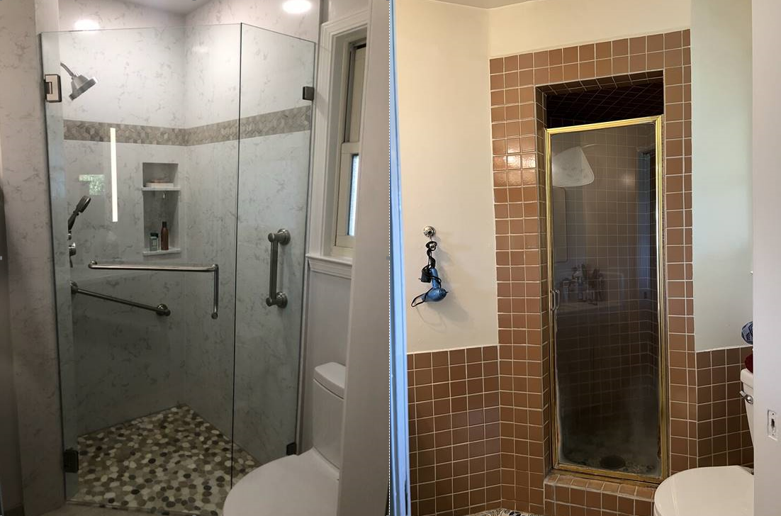 Davis Bathroom Remodel. Cambria Torquay Shower After & Before