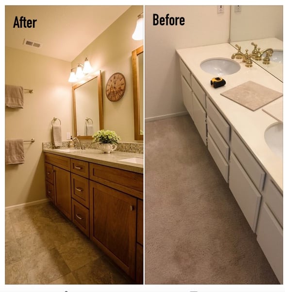 before and after - New Corian counter and cherry cabinetry