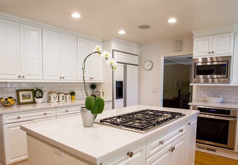 White kitchen Island Orchid view with Cambria Ella quartz countertops