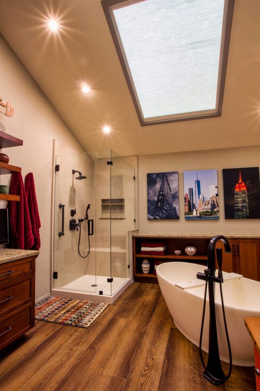 soaker tub and glass shower