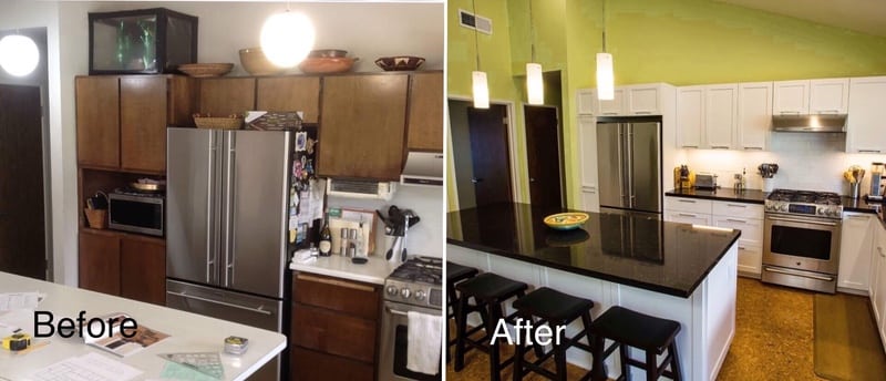before and after kitchen remodel cork floors and Cambria countertops Leslie Kate photo